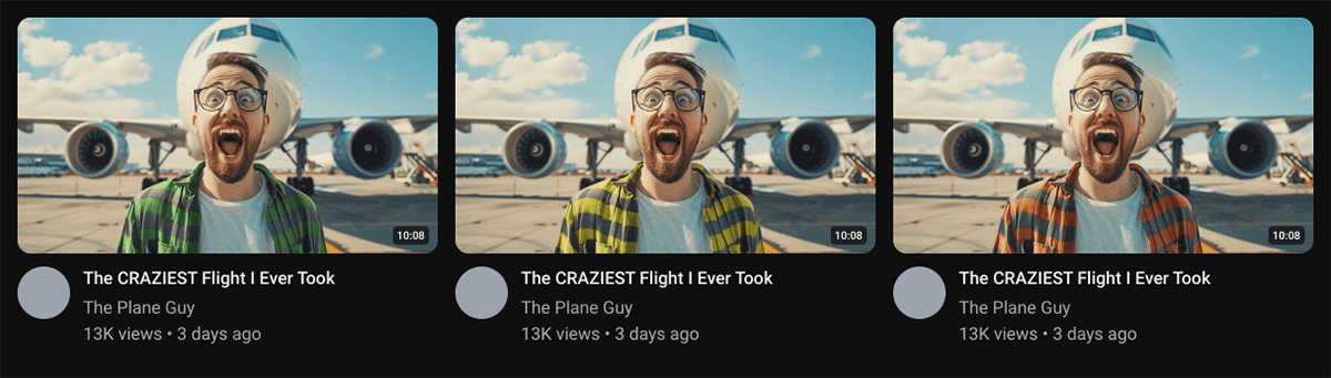 Three YouTube thumbnail variations shown side by side